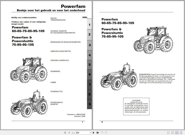 Landini Tractor Powerfarm 60 105 Operators Maintenance Manual 3666025M5 NL 1