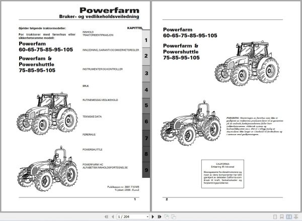 Landini Tractor Powerfarm 60 105 Operators Maintenance Manual 3681710M5 NO 1