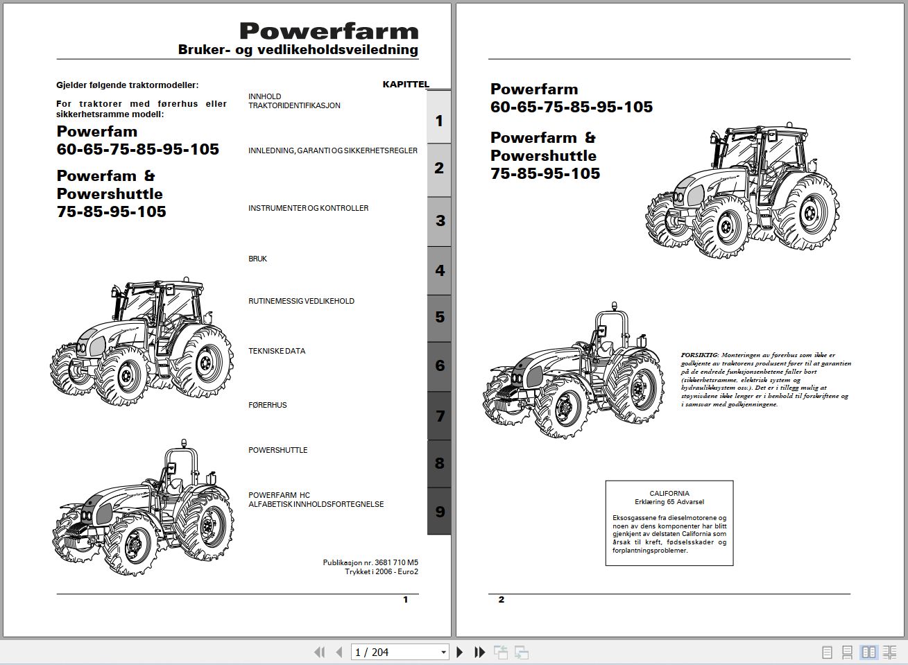 Landini Tractor Powerfarm 60 105 Operators Maintenance Manual 3681710M5 NO 1