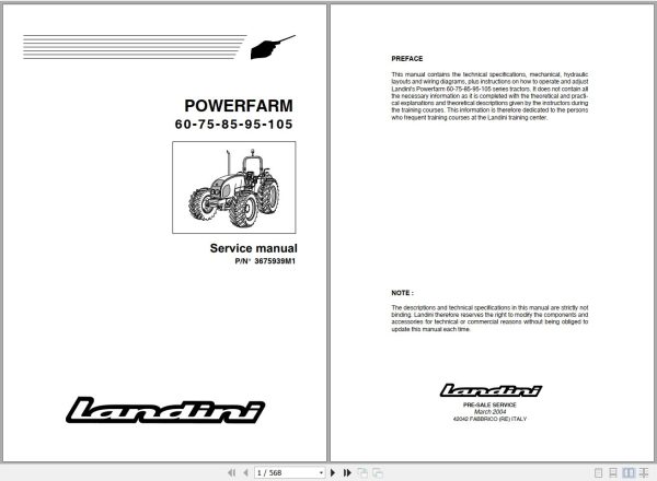 Landini Tractor Powerfarm 60 105 Service Manual 3675939M1 EN 1