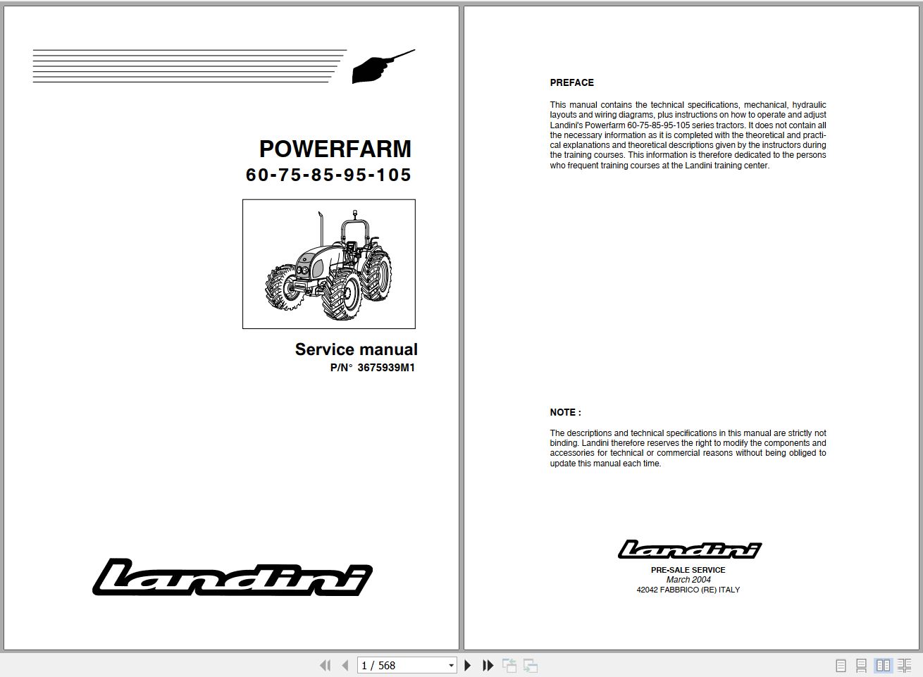 Landini Tractor Powerfarm 60 105 Service Manual 3675939M1 EN 1