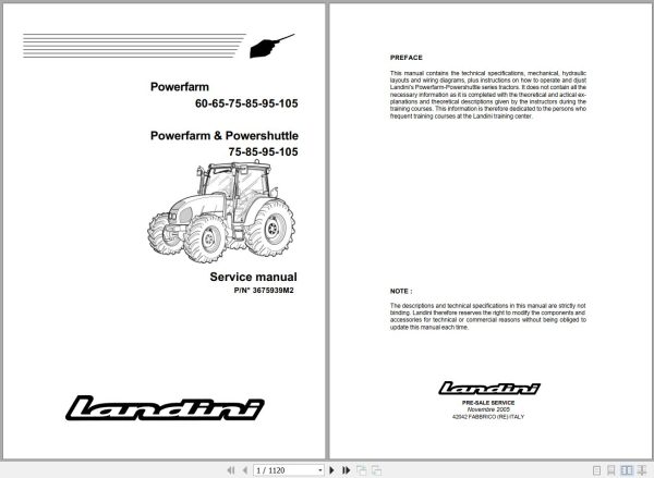 Landini Tractor Powerfarm 60 105 Service Manual 3675939M2 EN 1