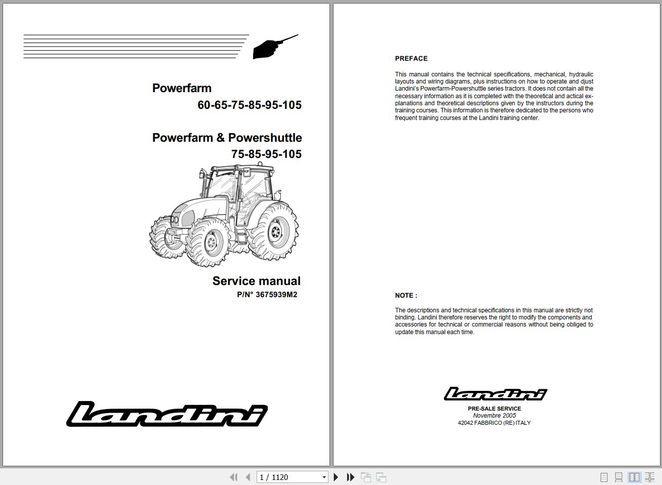 Landini Tractor Powerfarm 60 105 Service Manual 3675939M2 EN 1