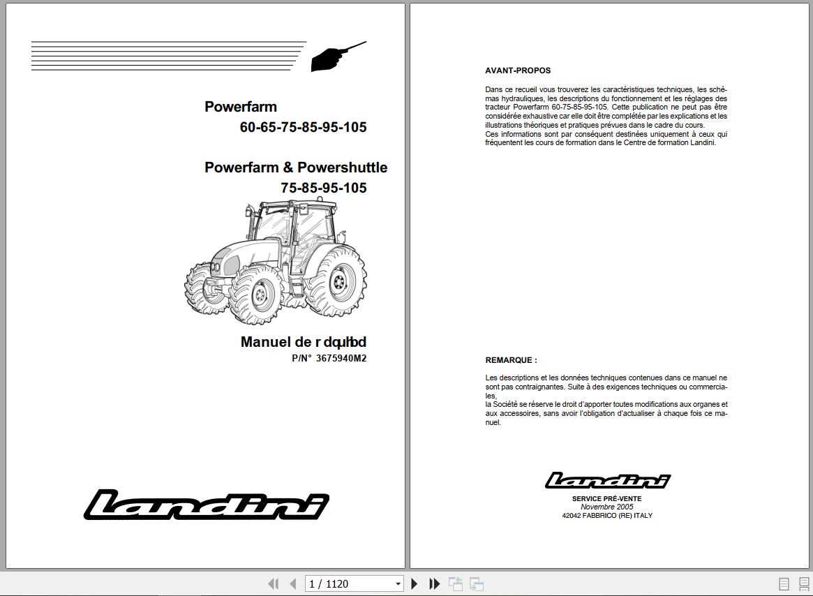 Landini Tractor Powerfarm 60 105 Service Manual 3675940M2 FR 1