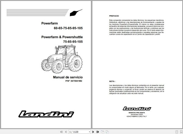 Landini Tractor Powerfarm 60 105 Service Manual 3675941M2 ES 1