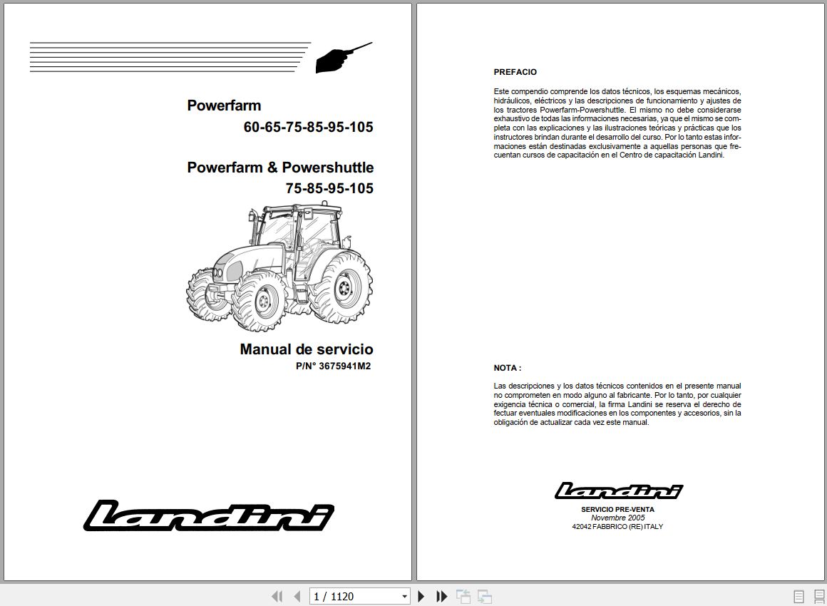 Landini Tractor Powerfarm 60 105 Service Manual 3675941M2 ES 1