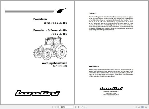 Landini Tractor Powerfarm 60 75 85 95 105 Service Manual 3675942M2 DE 1