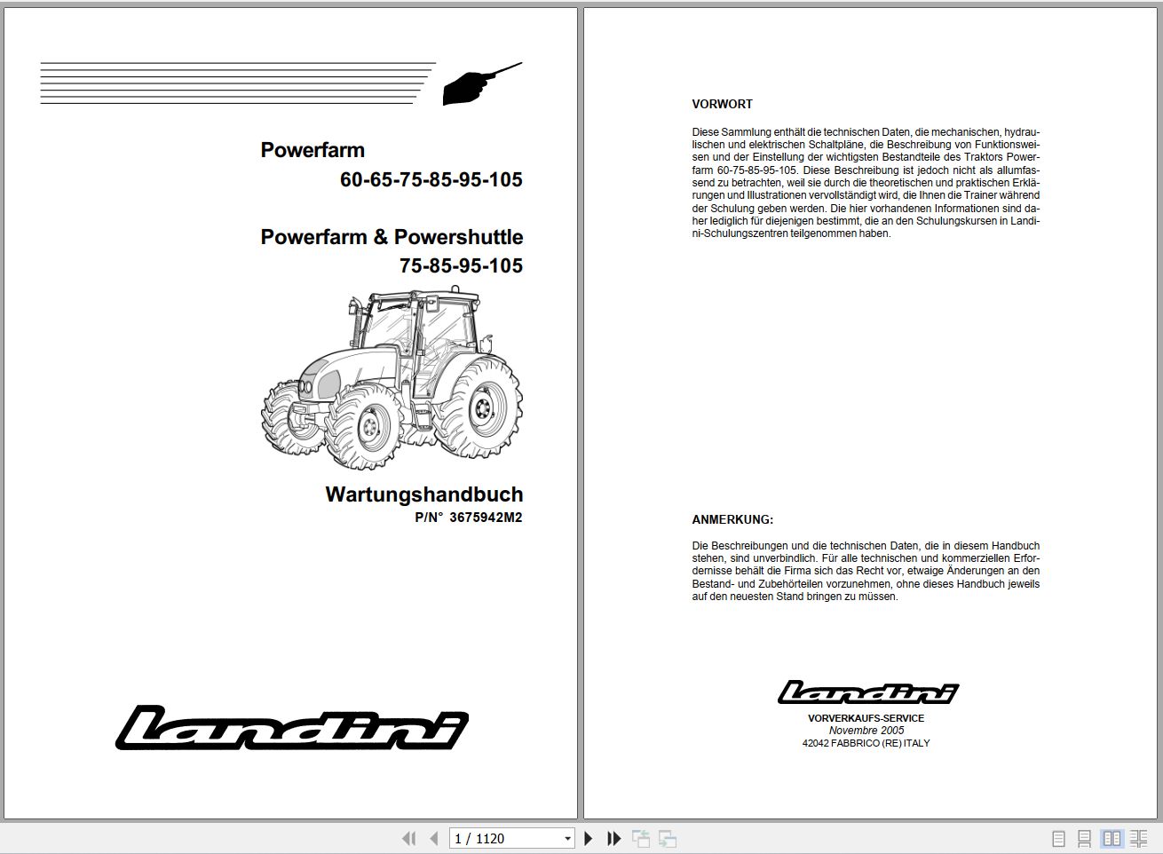 Landini Tractor Powerfarm 60 75 85 95 105 Service Manual 3675942M2 DE 1