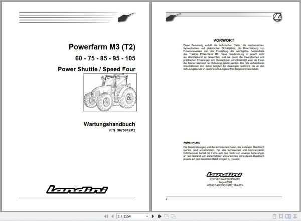 Landini Tractor Powerfarm 60 to 105 M3 T2 Service Manual 3675942M3 DE 1