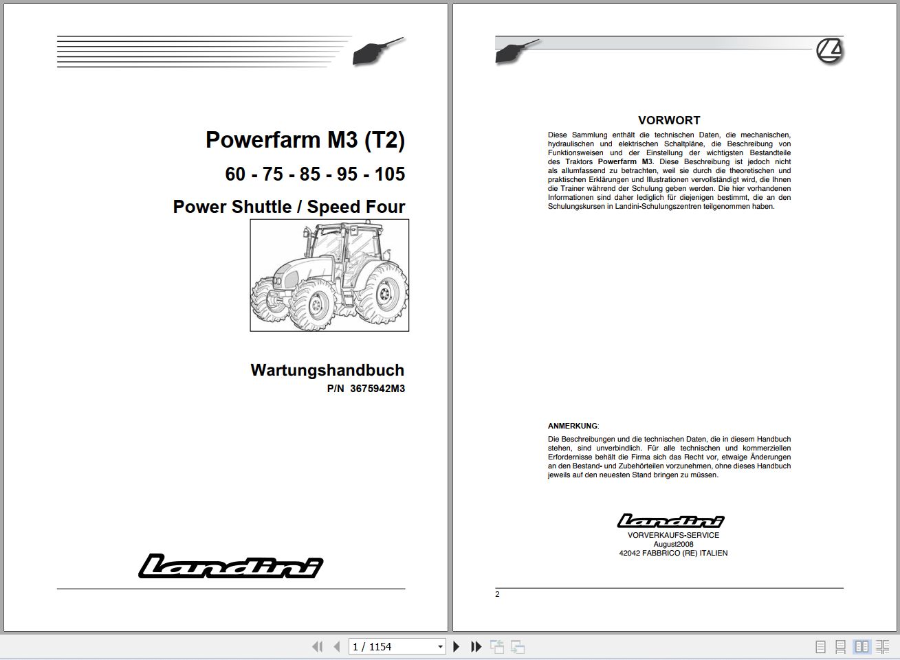 Landini Tractor Powerfarm 60 to 105 M3 T2 Service Manual 3675942M3 DE 1