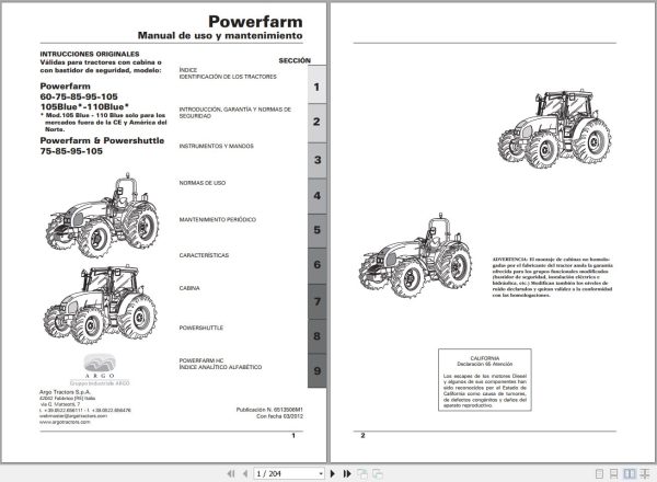 Landini Tractor Powerfarm 60 to 110Blue Operators Maintenance Manual 6513506M1 ES 1