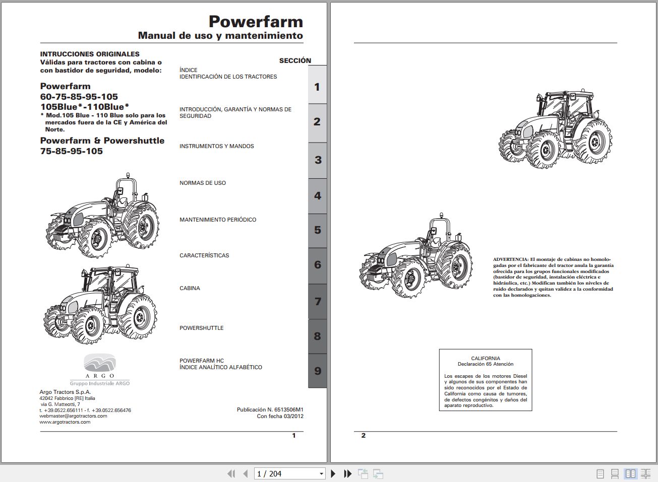 Landini Tractor Powerfarm 60 to 110Blue Operators Maintenance Manual 6513506M1 ES 1