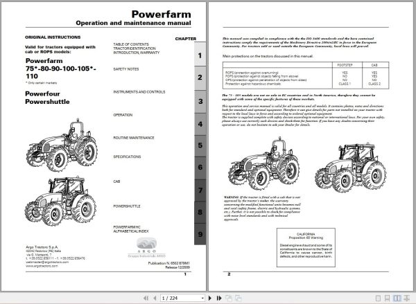 Landini Tractor Powerfarm 75 110 Operators Maintenance Manual 6502879M1 EN 1