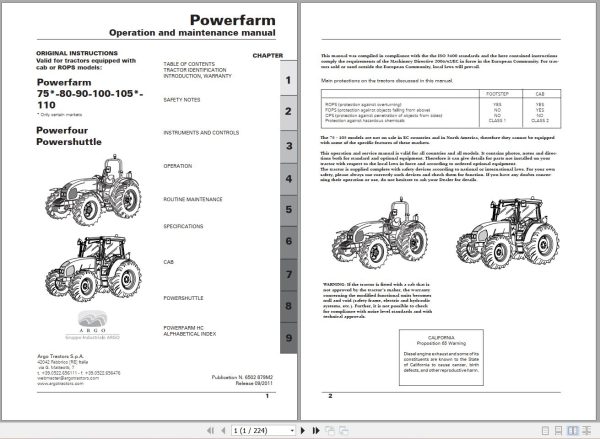 Landini Tractor Powerfarm 75 110 Operators Maintenance Manual 6502879M2 EN 1