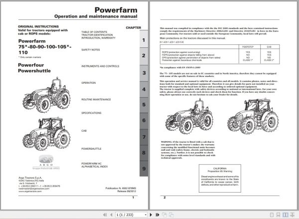 Landini Tractor Powerfarm 75 110 Operators Maintenance Manual 6502879M3 EN 1