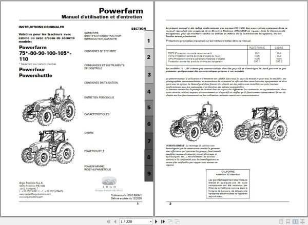 Landini Tractor Powerfarm 75 110 Operators Maintenance Manual 6502880M1 FR 1