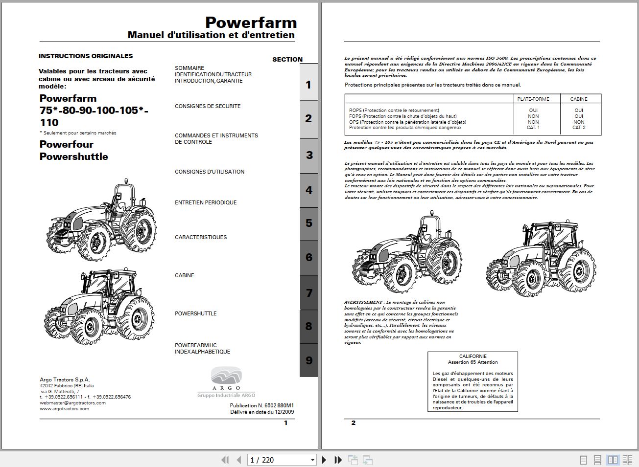 Landini Tractor Powerfarm 75 110 Operators Maintenance Manual 6502880M1 FR 1