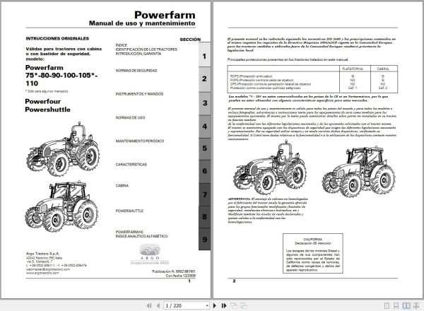 Landini Tractor Powerfarm 75 110 Operators Maintenance Manual 6502881M1 ES 1
