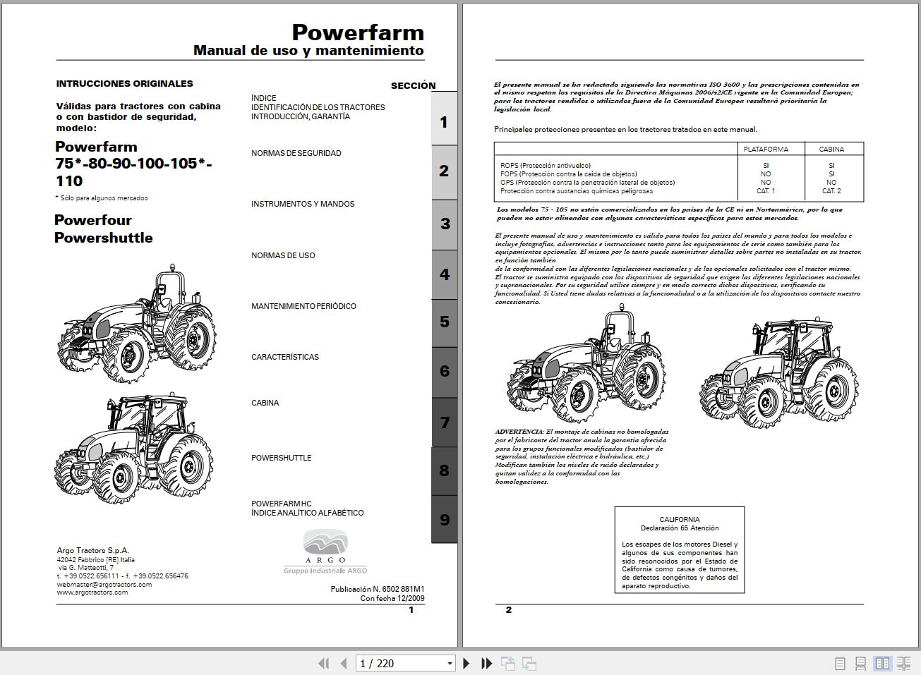 Landini Tractor Powerfarm 75 110 Operators Maintenance Manual 6502881M1 ES 1