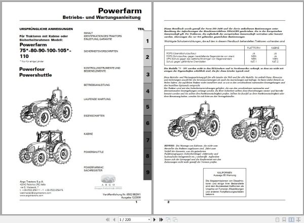 Landini Tractor Powerfarm 75 110 Operators Maintenance Manual 6502882M1 DE 1