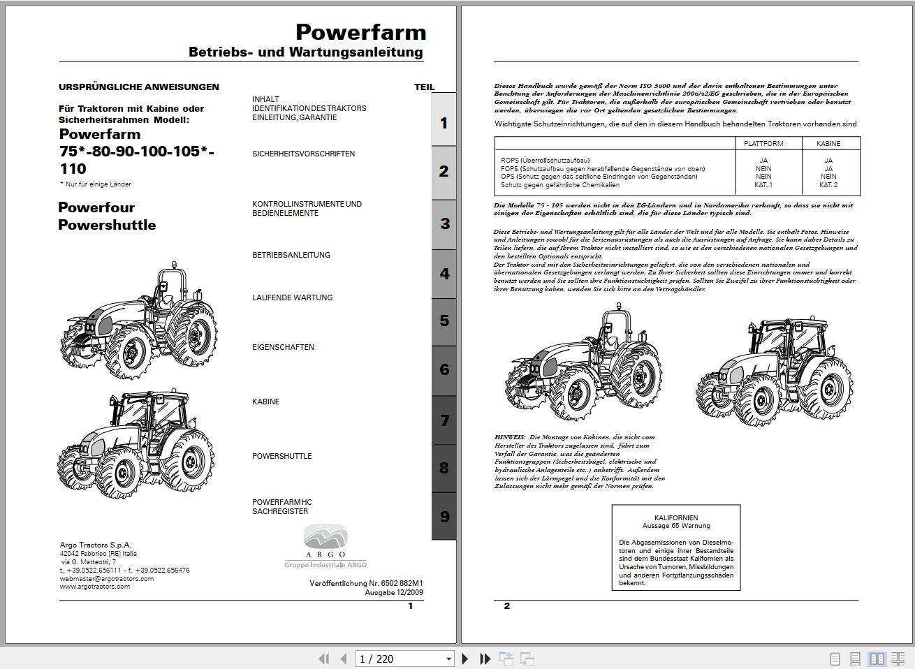 Landini Tractor Powerfarm 75 110 Operators Maintenance Manual 6502882M1 DE 1