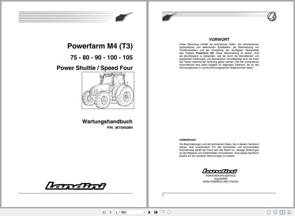 Landini Tractor Powerfarm 75 to 105 M4 T3 Service Manual 3675942M4 DE 1