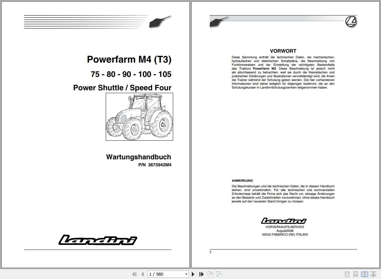 Landini Tractor Powerfarm 75 to 105 M4 T3 Service Manual 3675942M4 DE 1