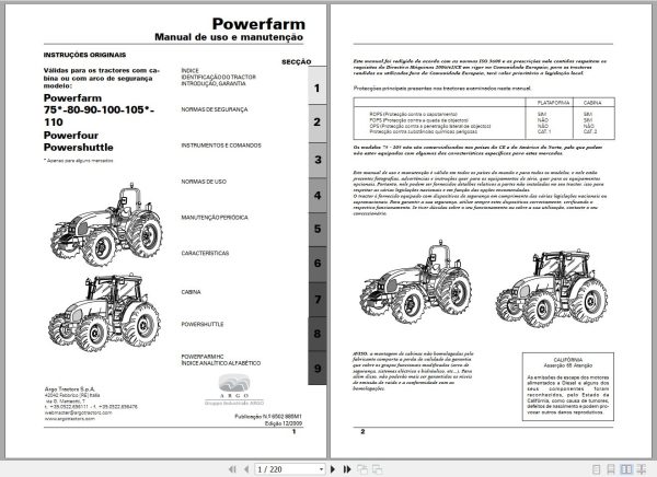 Landini Tractor Powerfarm 75 to 110 Operators Maintenance Manual 6502885M1 PT 1