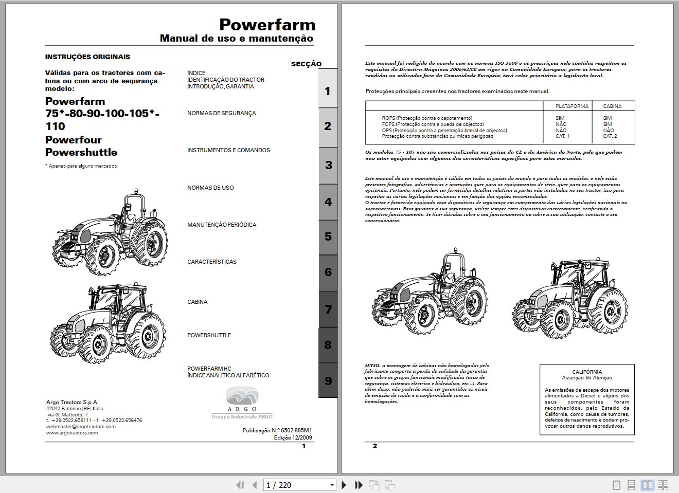 Landini Tractor Powerfarm 75 to 110 Operators Maintenance Manual 6502885M1 PT 1