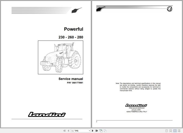 Landini Tractor Powerful 230 260 280 Service Manual 3681778M1 EN 1