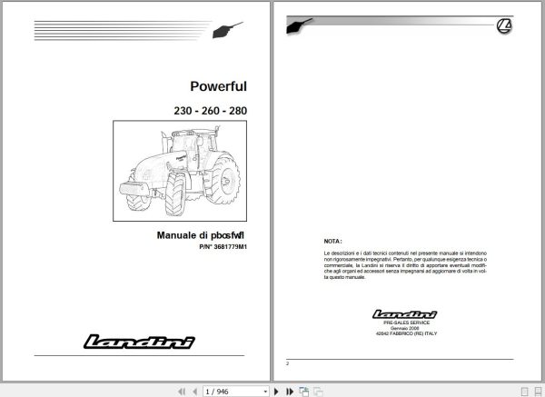 Landini Tractor Powerful 230 260 280 Service Manual 3681779M1 IT 1