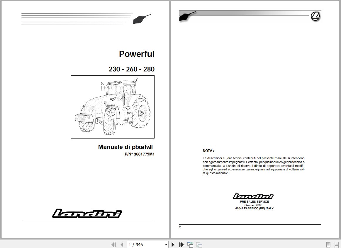 Landini Tractor Powerful 230 260 280 Service Manual 3681779M1 IT 1