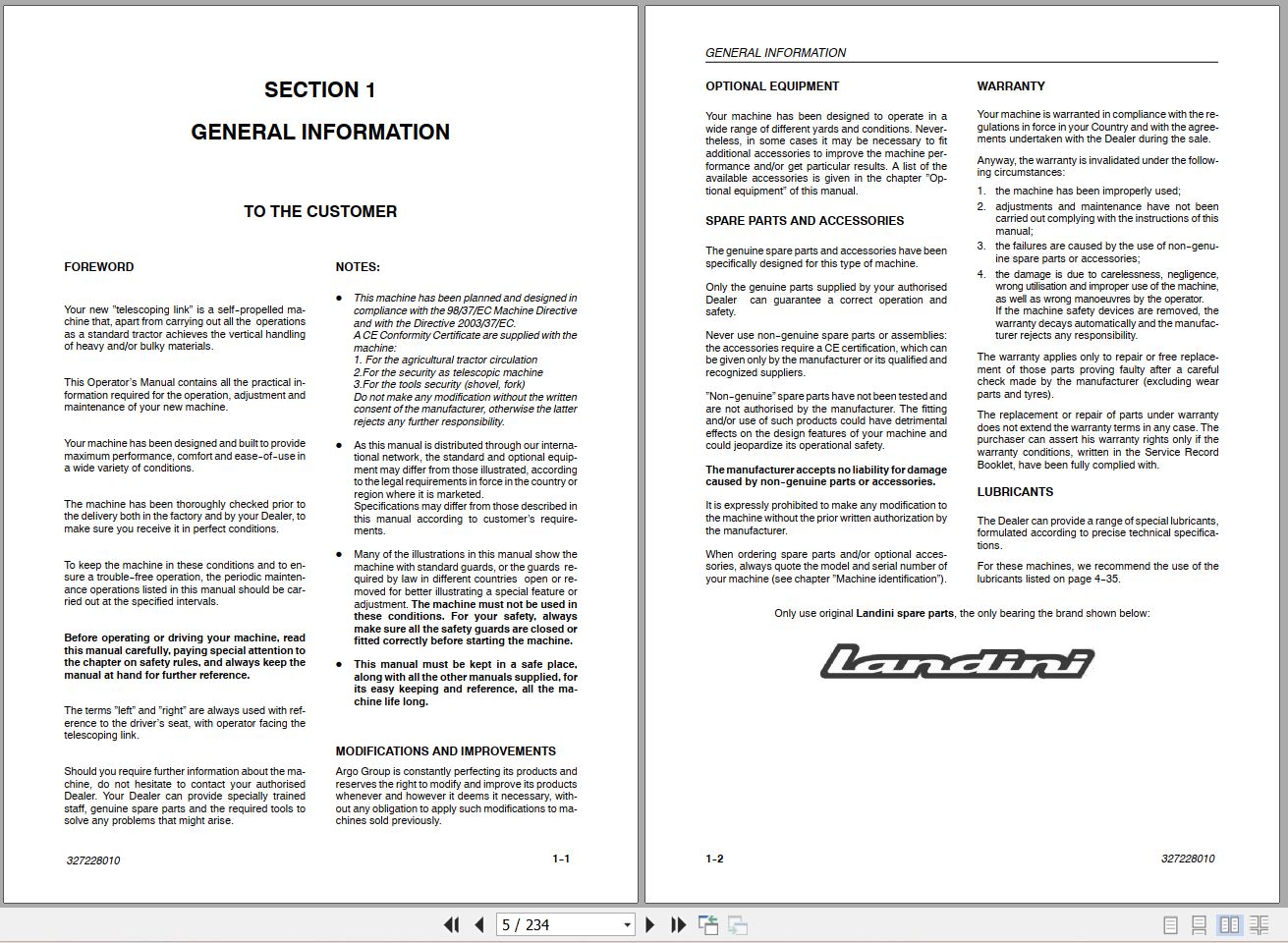 Landini Tractor Powerlift TTH Tier3 45 x 9 x 30 Operators Maintenance Manual 327228010EN EN 1