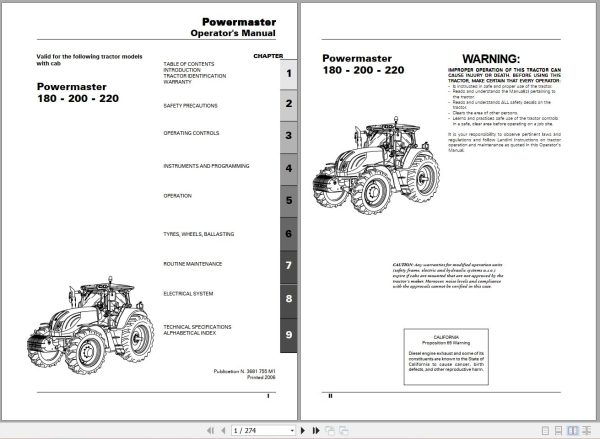 Landini Tractor Powermaster 180 200 220 Operators Maintenance Manual 3681755M1 EN 1