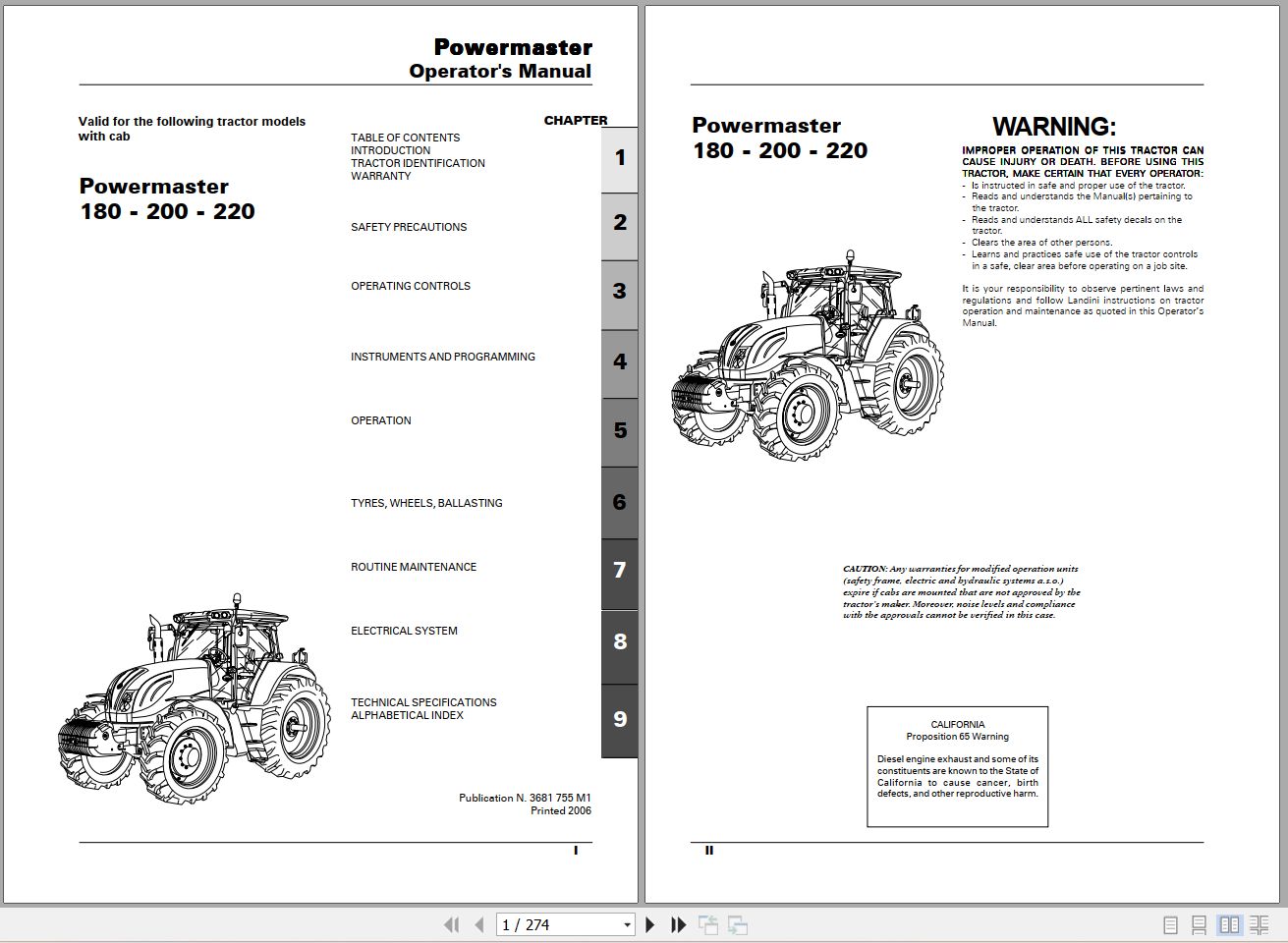 Landini Tractor Powermaster 180 200 220 Operators Maintenance Manual 3681755M1 EN 1