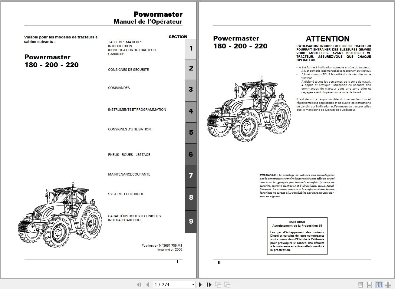 Landini Tractor Powermaster 180 200 220 Operators Maintenance Manual 3681756M1 FR 1
