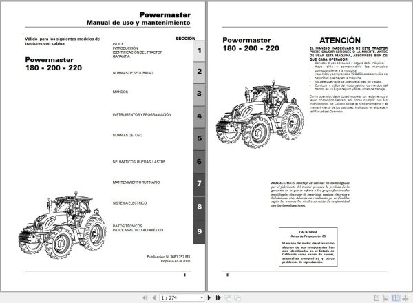 Landini Tractor Powermaster 180 200 220 Operators Maintenance Manual 3681757M1 ES 1