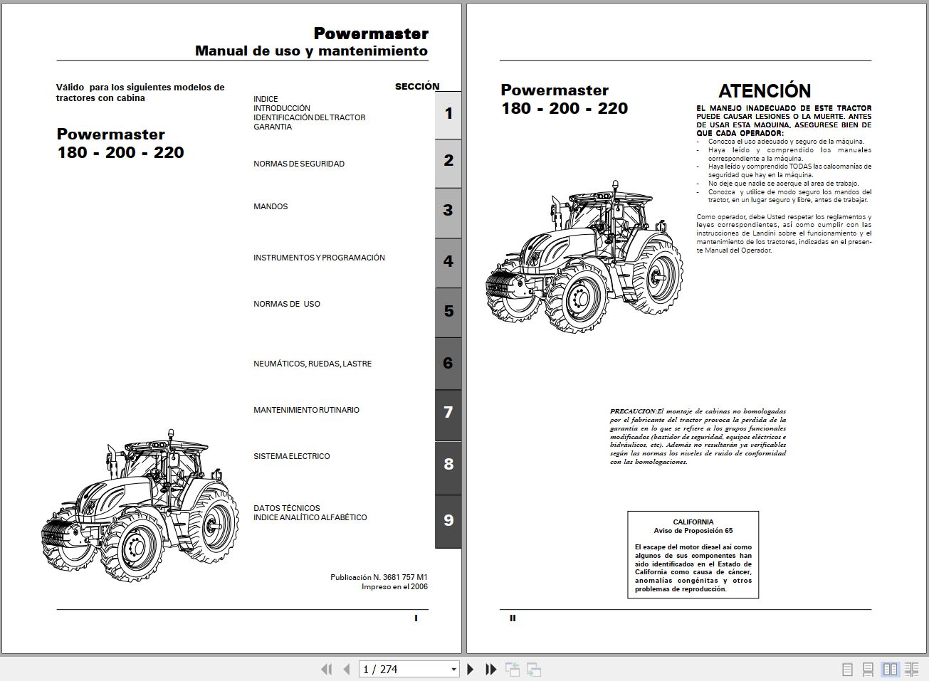 Landini Tractor Powermaster 180 200 220 Operators Maintenance Manual 3681757M1 ES 1