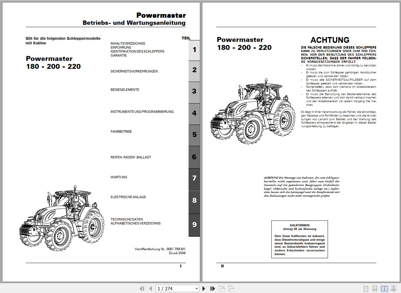 Landini Tractor Powermaster 180 200 220 Operators Maintenance Manual 3681758M1 DE 1