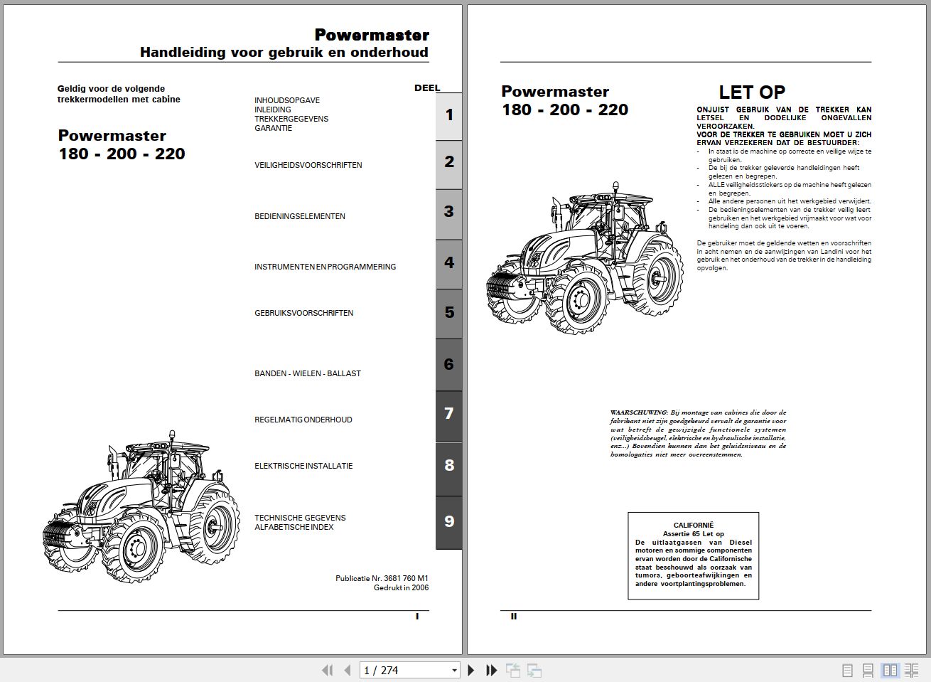 Landini Tractor Powermaster 180 200 220 Operators Maintenance Manual 3681760M1 NL 1