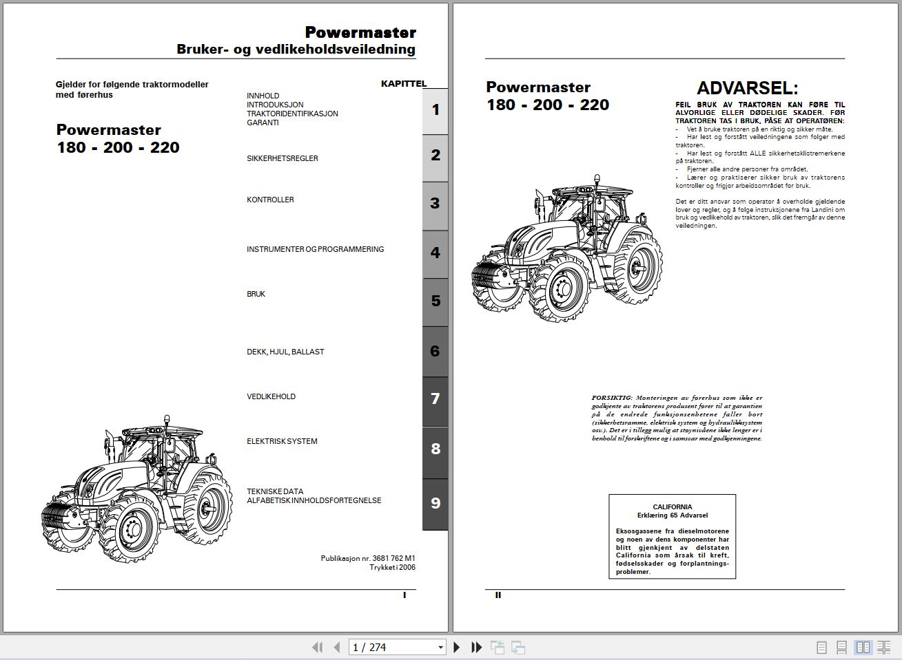 Landini Tractor Powermaster 180 200 220 Operators Maintenance Manual 3681762M1 NO 1