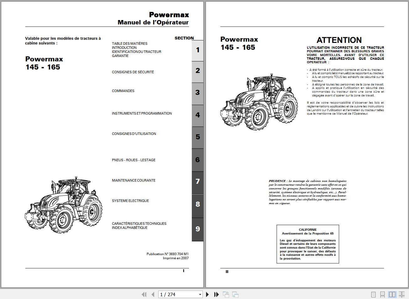 Landini Tractor Powermax 145 165 Operators Maintenance Manual 3693704M1 FR 1