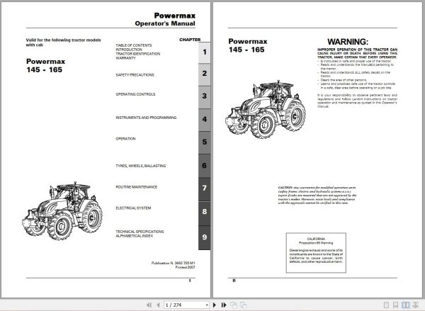 Landini Tractor Powermax 145 165 Operators Maintenance Manual 3693705M1 EN 1