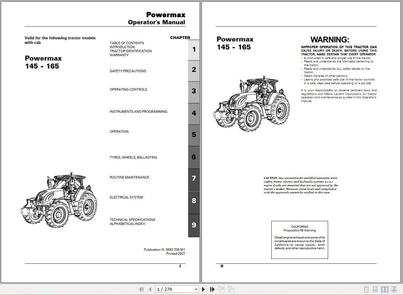 Landini Tractor Powermax 145 165 Operators Maintenance Manual 3693705M1 EN 1