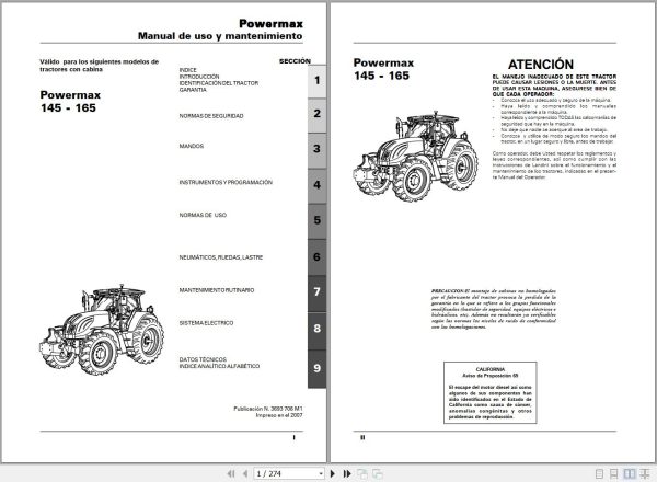 Landini Tractor Powermax 145 165 Operators Maintenance Manual 3693706M1 ES 1
