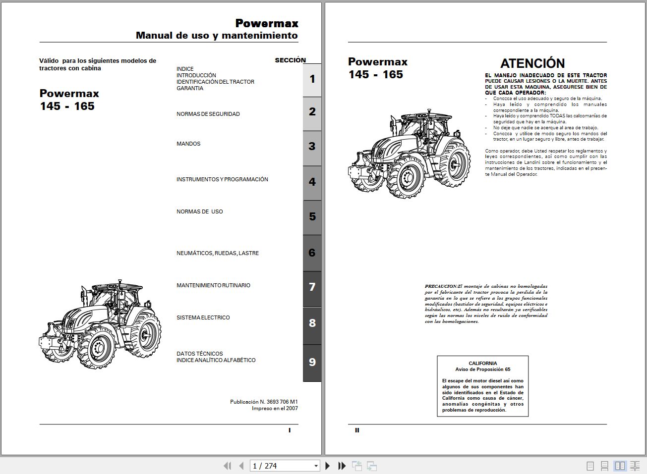 Landini Tractor Powermax 145 165 Operators Maintenance Manual 3693706M1 ES 1