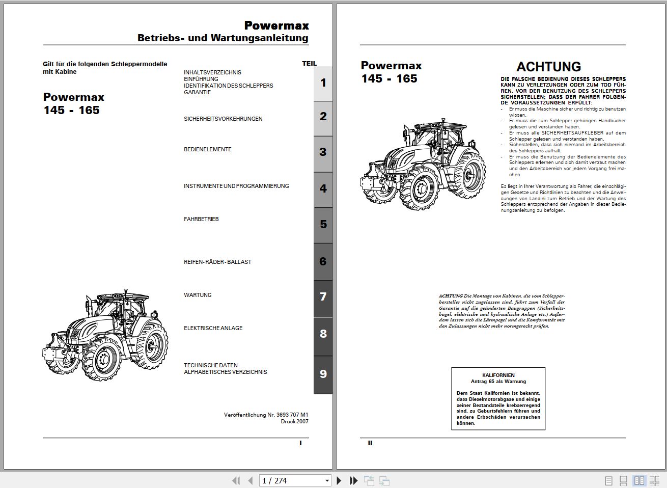 Landini Tractor Powermax 145 165 Operators Maintenance Manual 3693707M1 DE 1