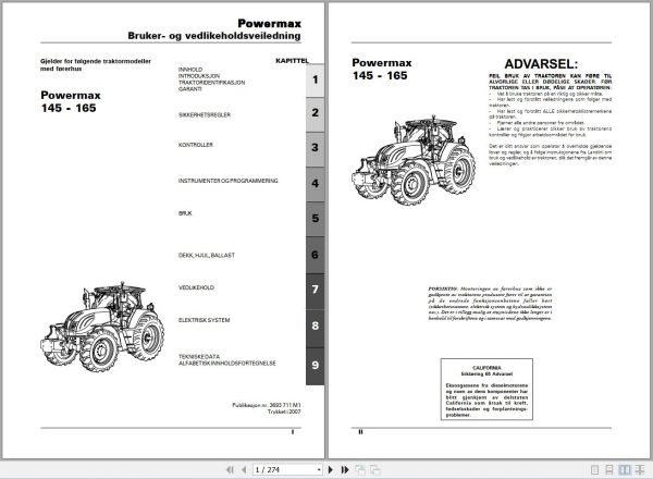 Landini Tractor Powermax 145 165 Operators Maintenance Manual 3693711M1 NO 1