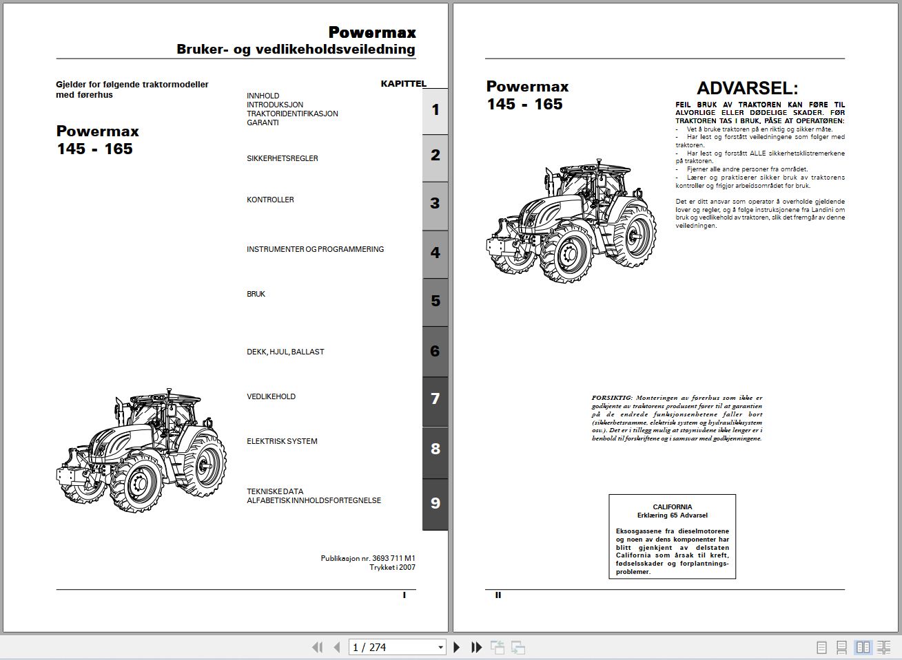 Landini Tractor Powermax 145 165 Operators Maintenance Manual 3693711M1 NO 1