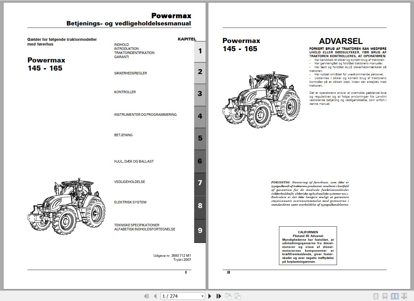 Landini Tractor Powermax 145 165 Operators Maintenance Manual 3693712M1 DA 1